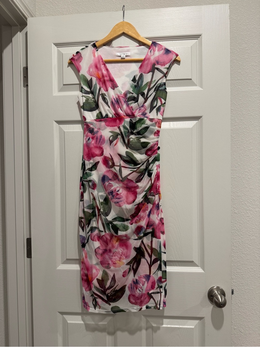 London Times Pink Floral V-Neck Sheath Dress